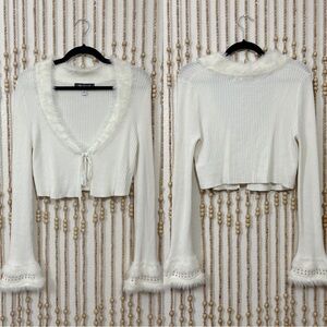 UB White Fur Trim Y2K 2000s Long Sleeve Coquette Fairy Grunge Tie Front Sweater